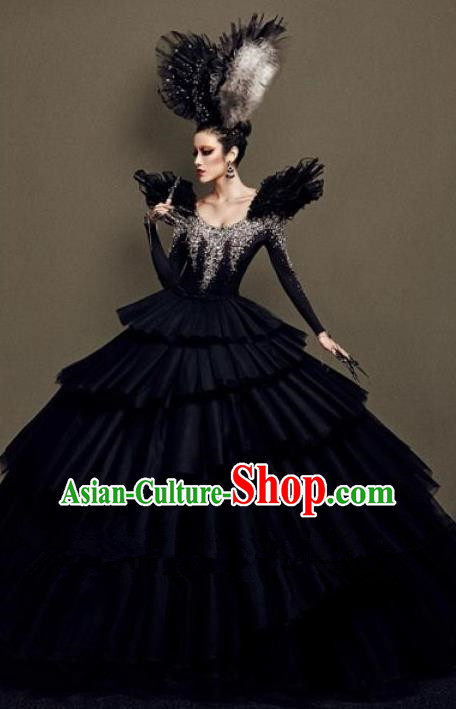 Handmade Modern Fancywork Cosplay Queen Black Veil Full Dress Halloween Stage Show Fancy Ball Costume for Women
