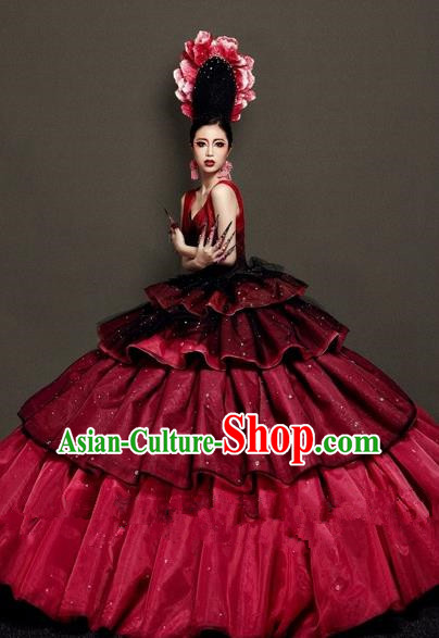 Handmade Modern Fancywork Cosplay Wine Red Full Dress Halloween Stage Show Fancy Ball Costume for Women