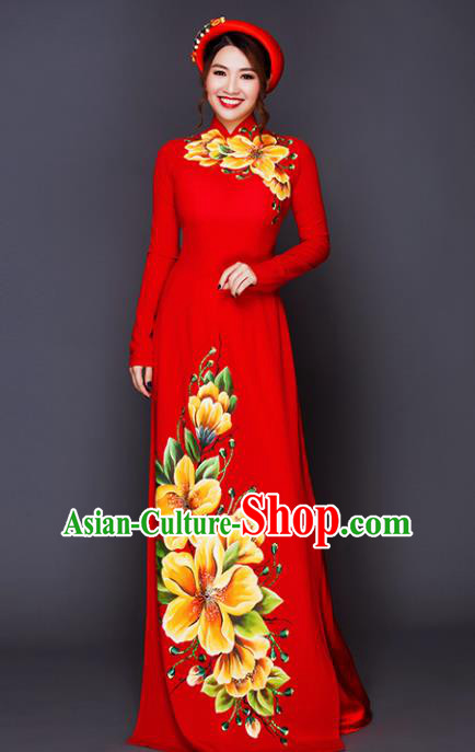 Vietnam Traditional National Costume Court Printing Flowers Red Ao Dai Dress Asian Vietnamese Cheongsam for Women