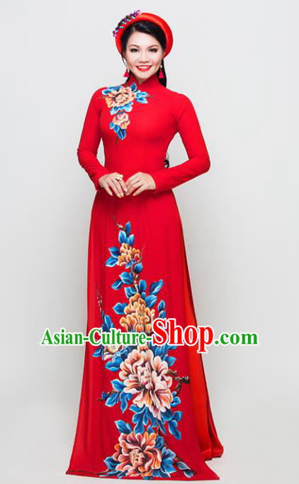 Vietnam Traditional National Costume Court Printing Peony Red Ao Dai Dress Asian Vietnamese Cheongsam for Women