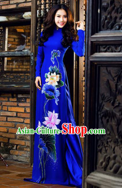 Vietnam Traditional National Costume Printing Lotus Royalblue Ao Dai Dress Asian Vietnamese Cheongsam for Women