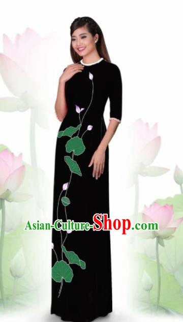 Vietnam Traditional National Costume Printing Lotus Black Ao Dai Dress Asian Vietnamese Cheongsam for Women