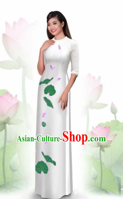 Vietnam Traditional National Costume Printing Lotus White Ao Dai Dress Asian Vietnamese Cheongsam for Women