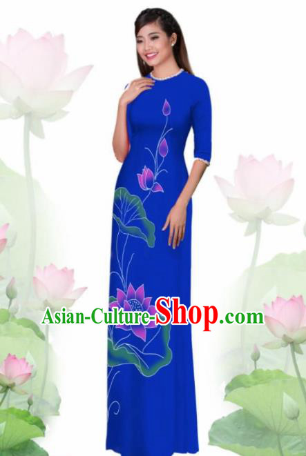 Vietnam Traditional National Costume Printing Lotus Blue Ao Dai Dress Asian Vietnamese Cheongsam for Women