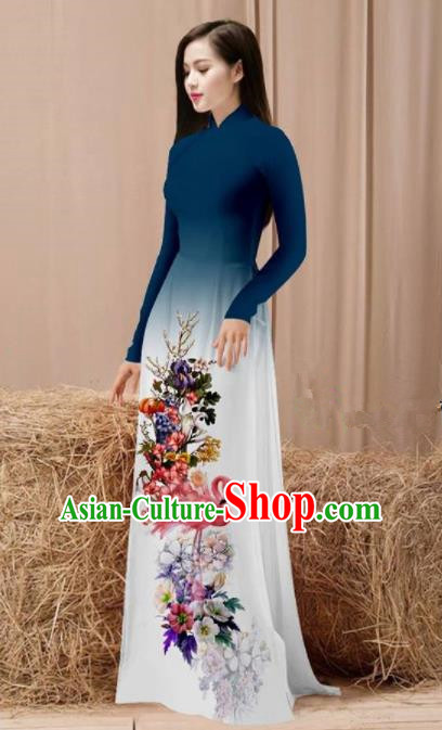 Vietnam Traditional National Costume Printing Flamingo Flowers Navy Ao Dai Dress Asian Vietnamese Cheongsam for Women