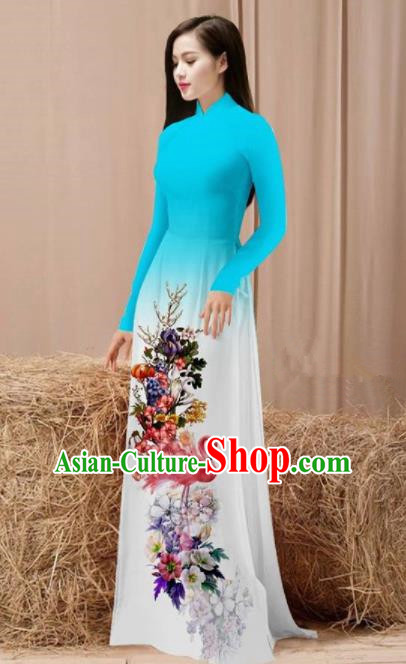 Vietnam Traditional National Costume Printing Flamingo Flowers Blue Ao Dai Dress Asian Vietnamese Cheongsam for Women