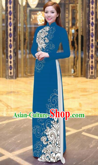 Vietnam Traditional Court Costume Printing Blue Ao Dai Dress Asian Vietnamese Cheongsam for Women