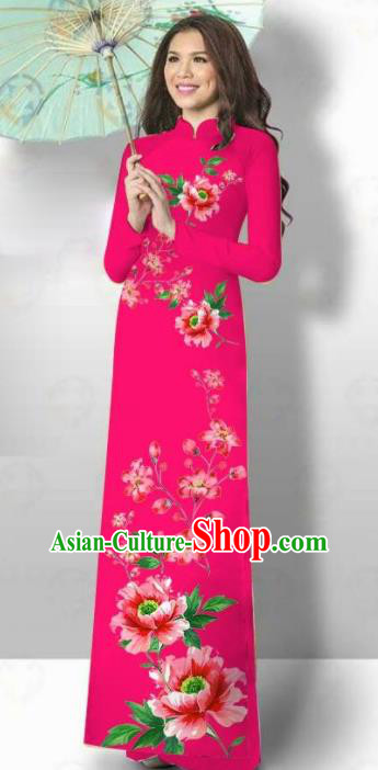 Vietnam Traditional Court Costume Printing Flowers Rosy Ao Dai Dress Asian Vietnamese Cheongsam for Women