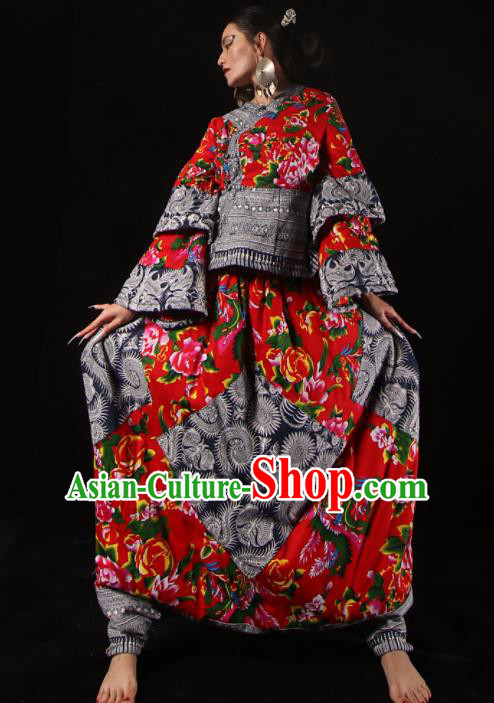 Chinese National Miao Nationality Bandhnu Red Clothing Traditional Ethnic Costume for Women