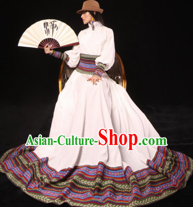 Chinese National Mongol Nationality White Dress Traditional Mongolian Ethnic Costume for Women