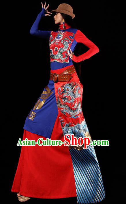 Chinese Traditional National Costume Embroidered Dragon Brocade Skirt Tang Suit Dress for Women