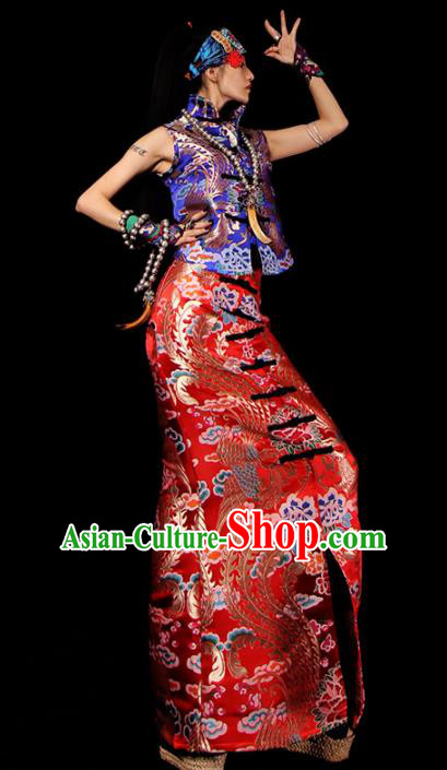 Chinese Traditional National Costume Red Brocade Skirt Tang Suit Dress for Women