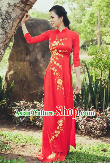 Vietnam Traditional Court Costume Wedding Red Ao Dai Dress Asian Vietnamese Cheongsam for Women