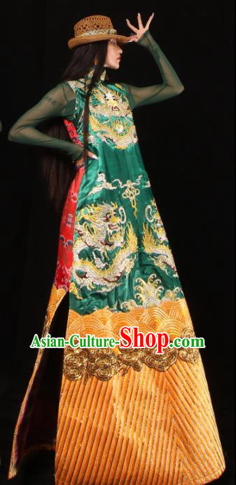 Chinese National Cheongsam Costume Traditional Tang Suit Green Brocade Qipao Dress for Women