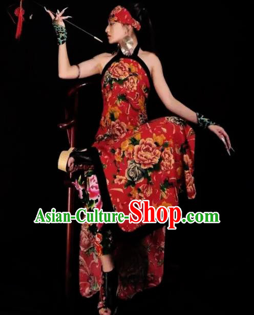 Chinese National Printing Peony Red Cheongsam Costume Traditional Tang Suit Qipao Dress for Women