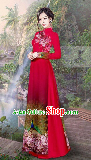 Vietnam Traditional Court Costume Printing Peacock Red Ao Dai Dress Asian Vietnamese Cheongsam for Women