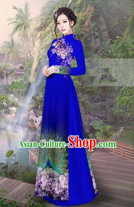 Vietnam Traditional Court Costume Printing Peacock Royalblue Ao Dai Dress Asian Vietnamese Cheongsam for Women