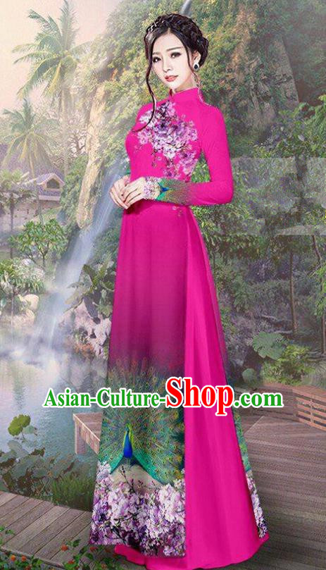 Vietnam Traditional Court Costume Printing Peacock Rosy Ao Dai Dress Asian Vietnamese Cheongsam for Women