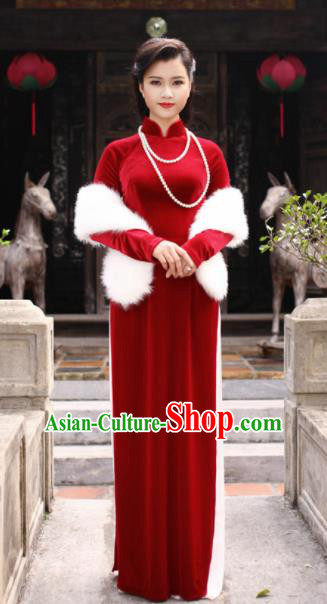 Vietnam Traditional Court Costume Red Velvet Ao Dai Dress Asian Vietnamese Cheongsam for Women