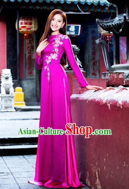 Vietnam Traditional Court Costume Printing Rosy Ao Dai Dress Asian Vietnamese Cheongsam for Women