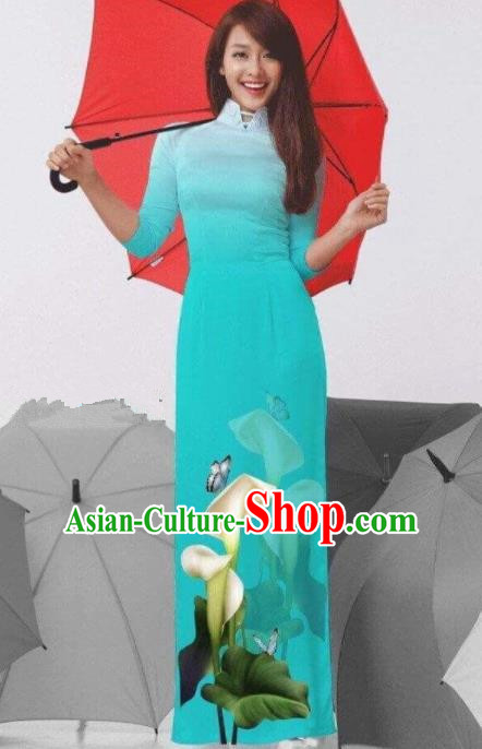 Vietnam Traditional National Costume Printing Common Callalily Green Ao Dai Dress Asian Vietnamese Cheongsam for Women