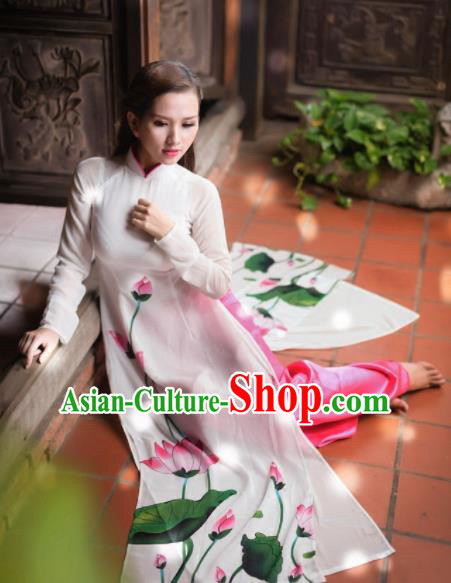 Vietnam Traditional National Costume Printing Lotus White Ao Dai Dress Asian Vietnamese Cheongsam for Women