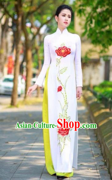 Vietnam Traditional National Costume Printing Peony White Ao Dai Dress Asian Vietnamese Cheongsam for Women