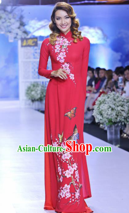 Vietnam Traditional National Costume Printing Peach Blossom Red Ao Dai Dress Asian Vietnamese Cheongsam for Women