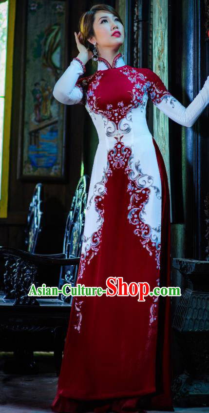 Vietnam Traditional National Costume Court Red Ao Dai Dress Asian Vietnamese Cheongsam for Women