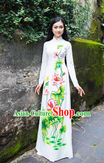 Vietnam Traditional National Costume Court Printing Lotus Ao Dai Dress Asian Vietnamese Cheongsam for Women