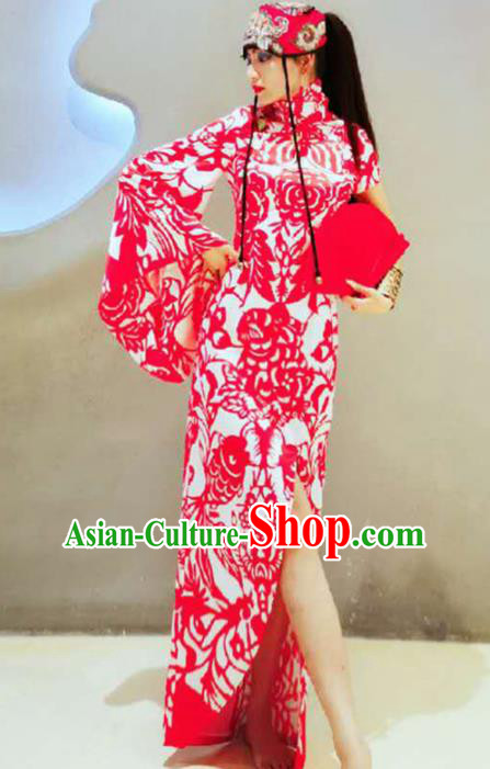 Chinese Traditional National Costume Red Cheongsam Tang Suit Qipao Dress for Women