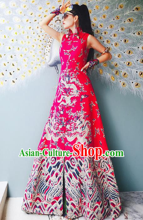 Chinese Traditional National Costume Embroidered Dragons Rosy Cheongsam Tang Suit Qipao Dress for Women