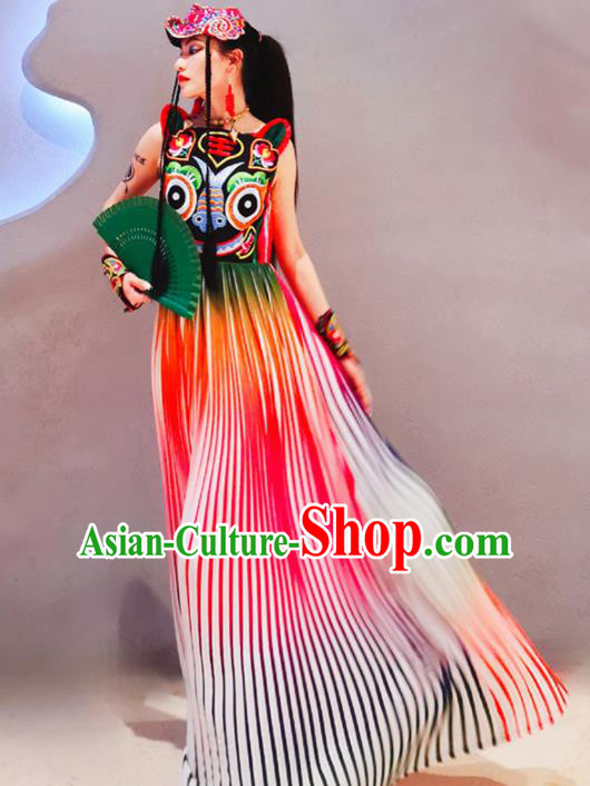 Chinese Traditional National Costume Embroidered Tiger Cheongsam Tang Suit Qipao Dress for Women