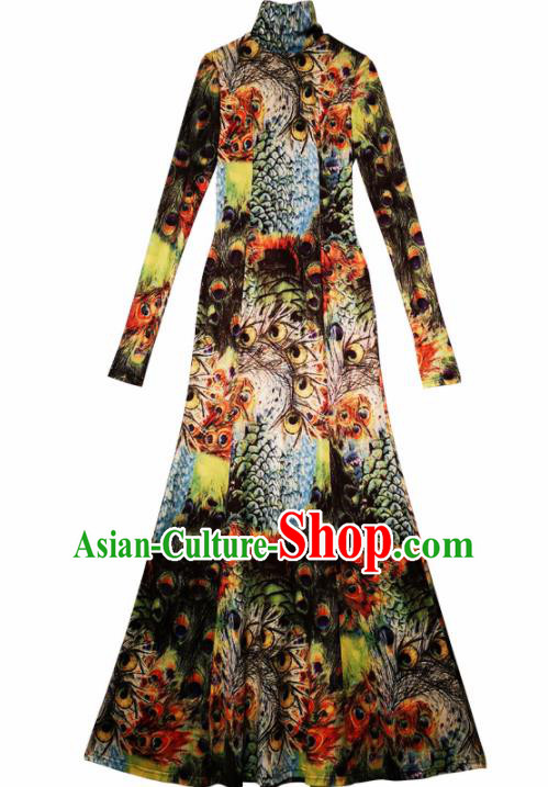 Chinese Traditional National Costume Printing Peacock Cheongsam Tang Suit Qipao Dress for Women