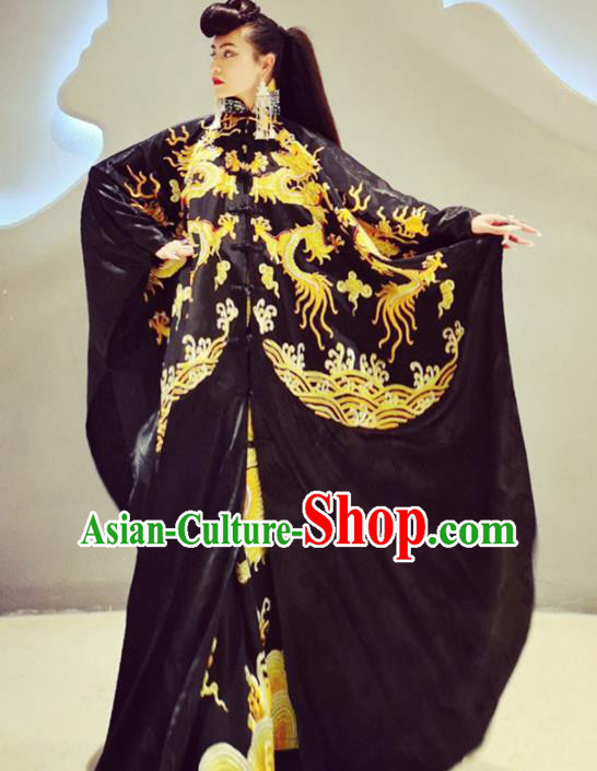 Chinese Traditional Catwalks Costume National Embroidered Black Robe Cheongsam Tang Suit Qipao Dress for Women