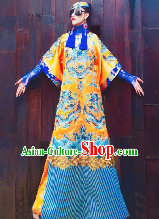 Chinese Traditional Catwalks Costume National Embroidered Golden Cheongsam Tang Suit Qipao Dress for Women