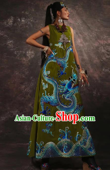 Chinese Traditional Catwalks Costume National Olive Green Brocade Cheongsam Tang Suit Qipao Dress for Women