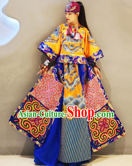 Chinese Traditional Catwalks Costume National Golden Brocade Robe Cheongsam Tang Suit Qipao Dress for Women