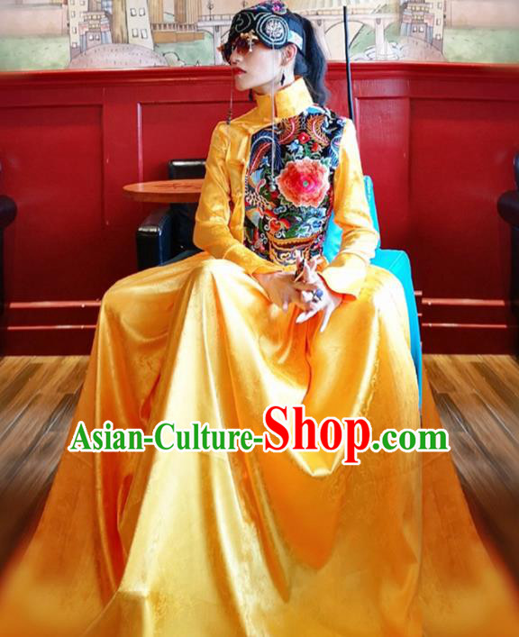 Chinese Traditional Catwalks Costume National Embroidered Peony Yellow Cheongsam Tang Suit Qipao Dress for Women