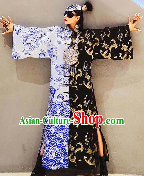 Chinese Traditional Catwalks Costume National Dragon Robe Cheongsam Tang Suit Qipao Dress for Women