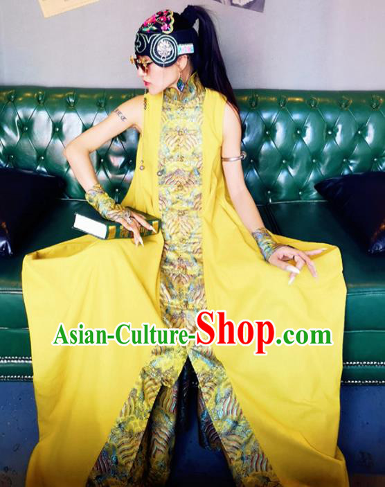 Chinese Traditional Catwalks Costume National Yellow Cheongsam Tang Suit Qipao Dress for Women