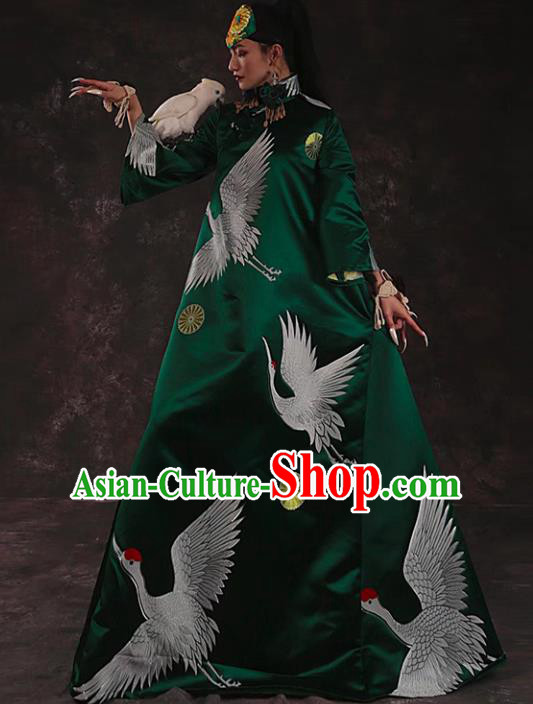 Chinese Traditional Catwalks Costume National Printing Cranes Green Brocade Cheongsam Tang Suit Qipao Dress for Women