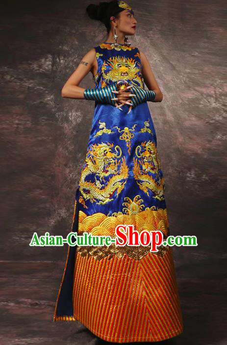 Chinese Traditional Catwalks Costume National Royalblue Brocade Cheongsam Tang Suit Qipao Dress for Women