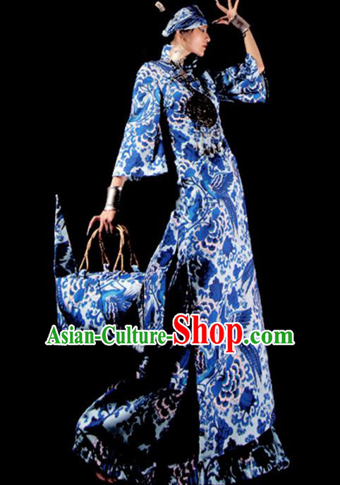 Chinese Traditional Catwalks Costume National Blue Cheongsam Tang Suit Qipao Dress for Women