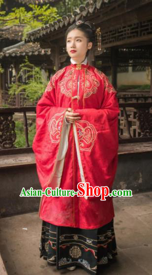 Chinese Traditional Ming Dynasty Wedding Historical Costume Ancient Royal Dowager Embroidered Red Dress for Women