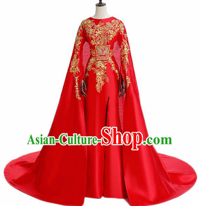 Chinese National Catwalks Embroidered Red Full Dress Traditional Tang Suit Cheongsam for Women