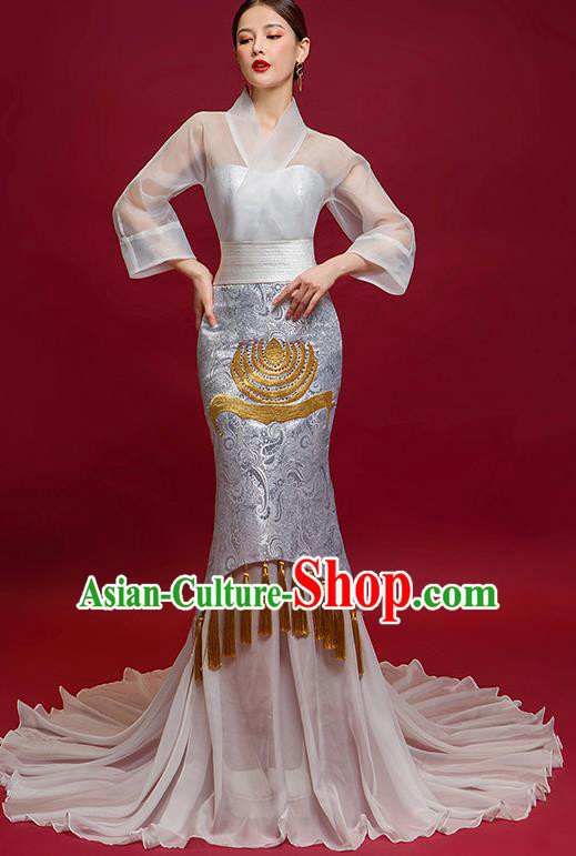 Chinese National Catwalks Grey Trailing Full Dress Traditional Tang Suit Cheongsam for Women
