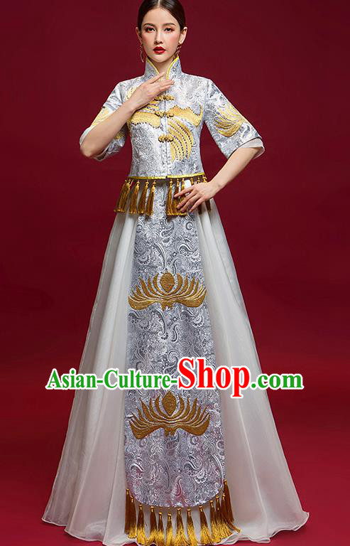 Chinese Traditional Wedding Costume Ancient Bride Xiu He Suit Grey Dress for Women