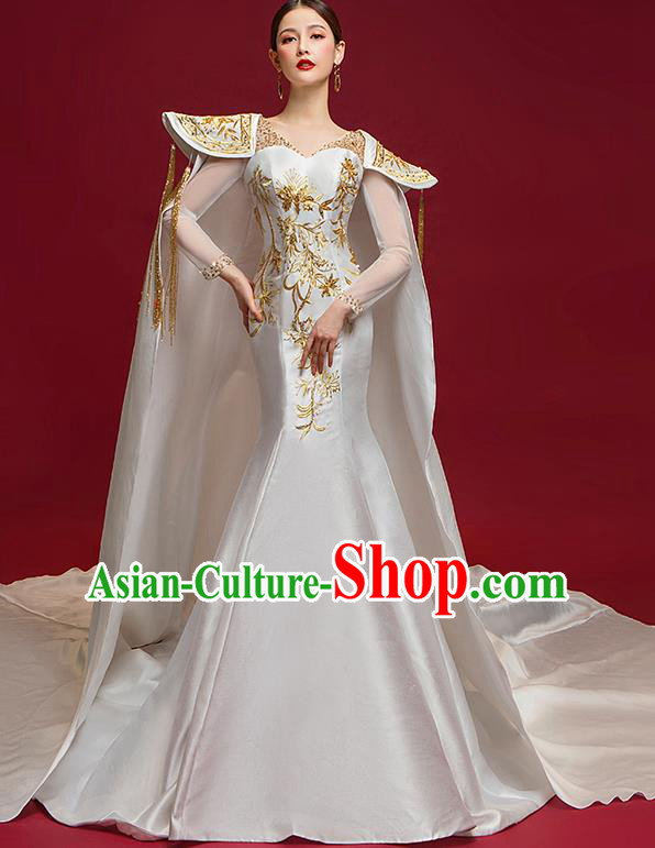 Chinese National Catwalks Embroidered White Trailing Full Dress Traditional Compere Cheongsam for Women