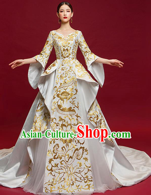 Chinese National Catwalks Golden Flowers Trailing Full Dress Traditional Compere Cheongsam for Women